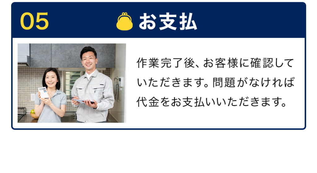 5　お支払 作業完了後、お客様に確認していただきます。問題がなければ代金をお支払いいただきます。