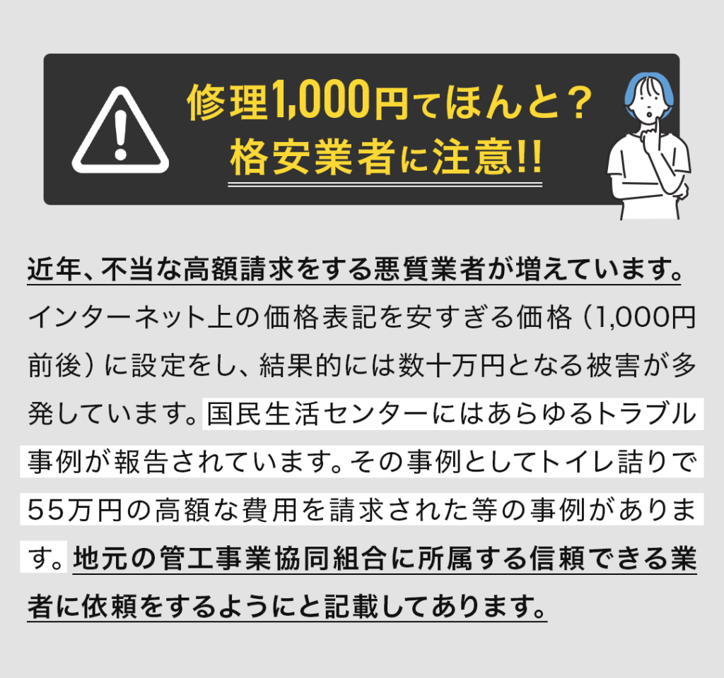 ・修理1,000円てほんと？格安業者に注意！！ 近年、不当な高額請求をする悪質業者が増えています。インターネット上の価格表記を安すぎる価格（1,000円前後）に設定をし、結果的には数十万円となる被害が多発しています。国民生活センターにはあらゆるトラブル事例が報告されています。その事例としてトイレ詰りで55万円の高額な費用を請求された等の事例があります。地元の管工事業協同組合に所属する信頼できる業者に依頼をするようにと記載してあります。