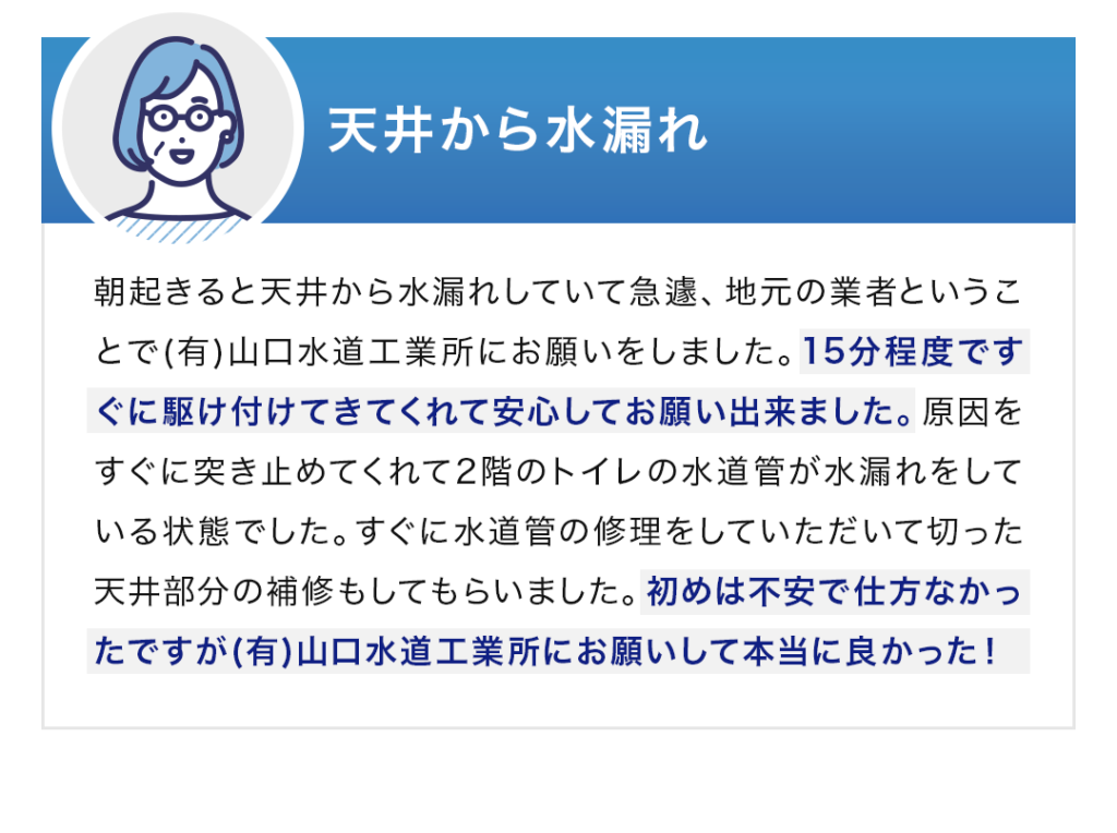 3　天井から水漏れ 朝起きると天井から水漏れしていて急遽、地元の業者ということで(有)山口水道工業所にお願いをしました。15分程度ですぐに駆け付けてきてくれて安心してお願い出来ました。原因をすぐに突き止めてくれて2階のトイレの水道管が水漏れをしている状態でした。すぐに水道管の修理をしていただいて切った天井部分の補修もしてもらいました。初めは不安で仕方なかったですが(有)山口水道工業所にお願いして本当に良かった！